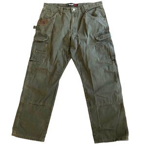 Wrangler Riggs Workwear Pants Mens 38x32 Double Knee RipStop Cargo Olive Green